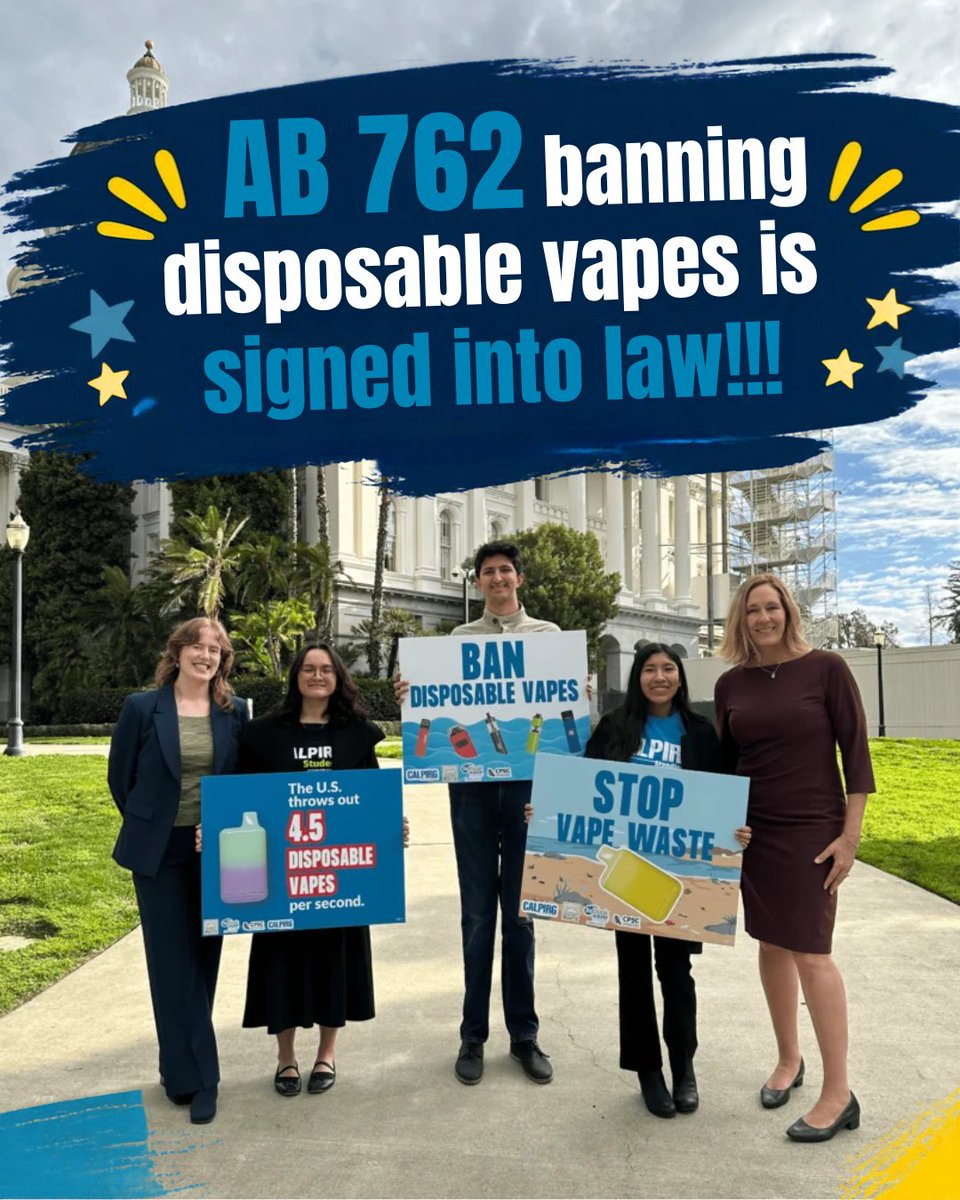 CALPIRG's tweet photo. Excited to report that AB 762 banning disposable nicotine vapes was signed into law today! We applaud @ASM_Irwin &amp; @CAgovernor for their leadership and are thankful that CA will continue to be a leader in waste reduction by prohibiting this unnecessary and harmful product https://t.co/Sk5sW6JhEj