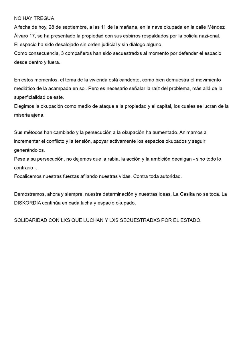 GrupoRupttura's tweet photo. Palabras sobre las detenciones y desalojo de un nuevo espacio okupado en Madrid.

Guerra a la propiedad privada, guerra al capital.

¡Solidaridad y lucha!
¡No hay tregua! https://t.co/DmGxxsOdNj