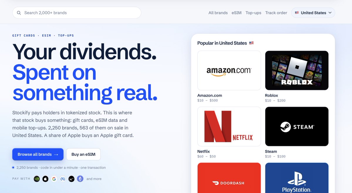 Stockify_fi's tweet photo. Stockify pays holders in tokenized stock.

On https://t.co/1grSrvUc4W you can use the same stocks to buy gift cards from more than 2,000+ brands. https://t.co/CCew0LYqqH