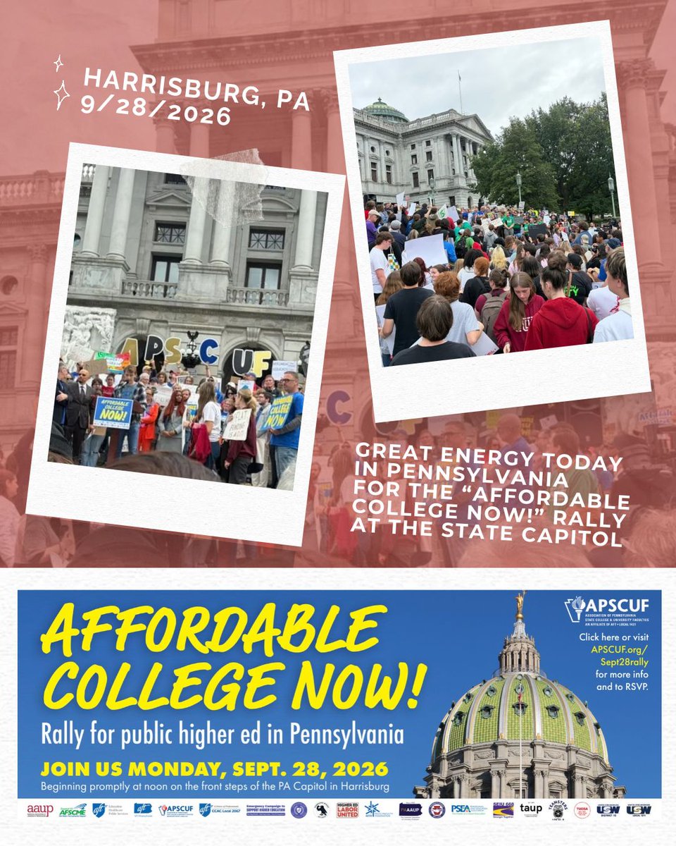 HigherEdLabor's tweet photo. Workers, students, and community members came together today in Harrisburg, PA to demand AFFORDABLE COLLEGE NOW! 
@apscuf https://t.co/uQiTUXhqEE
