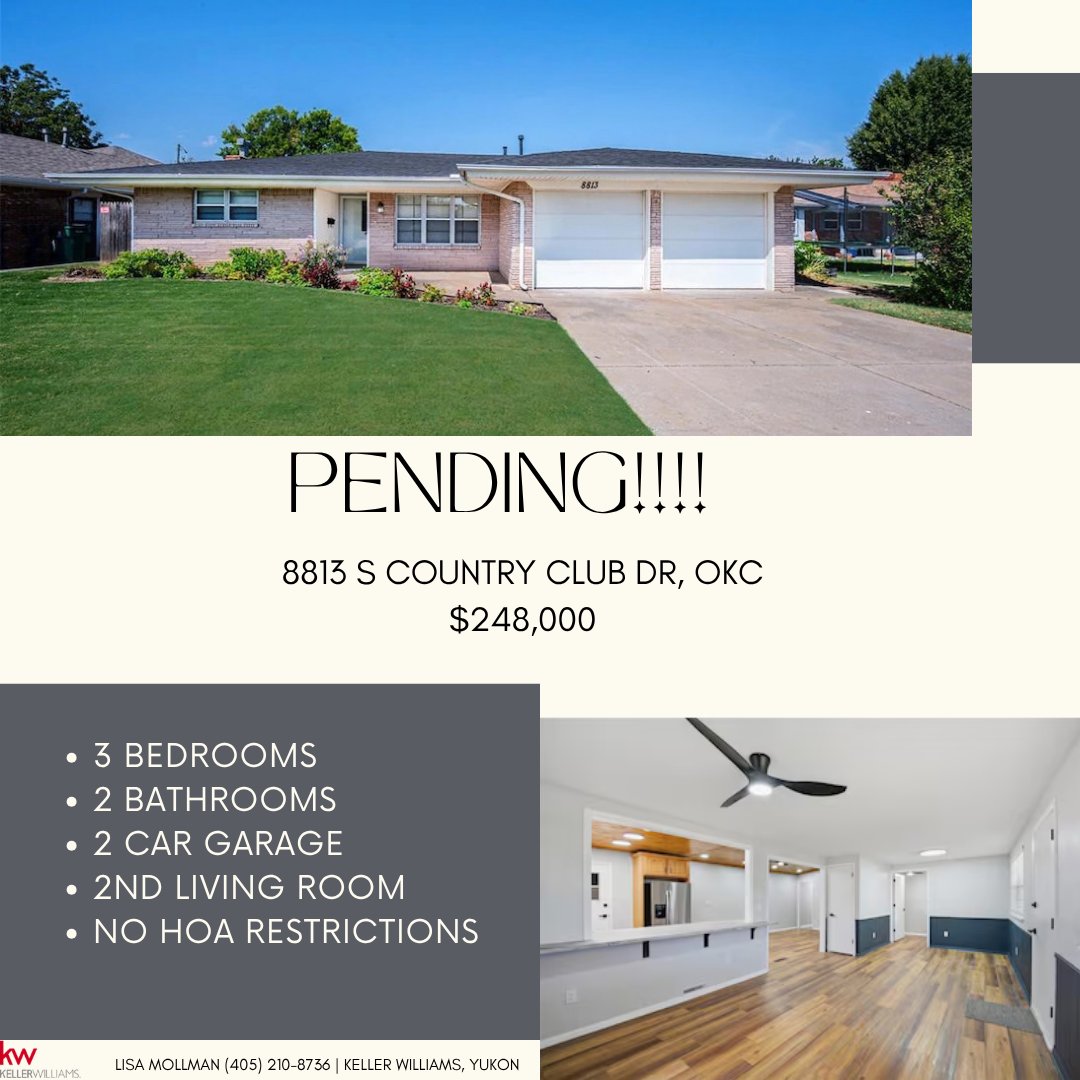 OKCHomesByLisa's tweet photo. PENDING 8813 S Country Club Dr! Great homes priced right in the Moore School District go fast. Thinking of making a move before the holidays? Let's talk strategy!

Lisa Mollman (405) 210-8736 | Keller Williams, Yukon https://t.co/SCN1o7QDOr