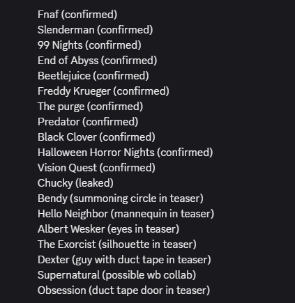 JawsClawsPaws's tweet photo. Holy shit dude, 20 possible Fortnitemares collabs https://t.co/kFQWygbgyV