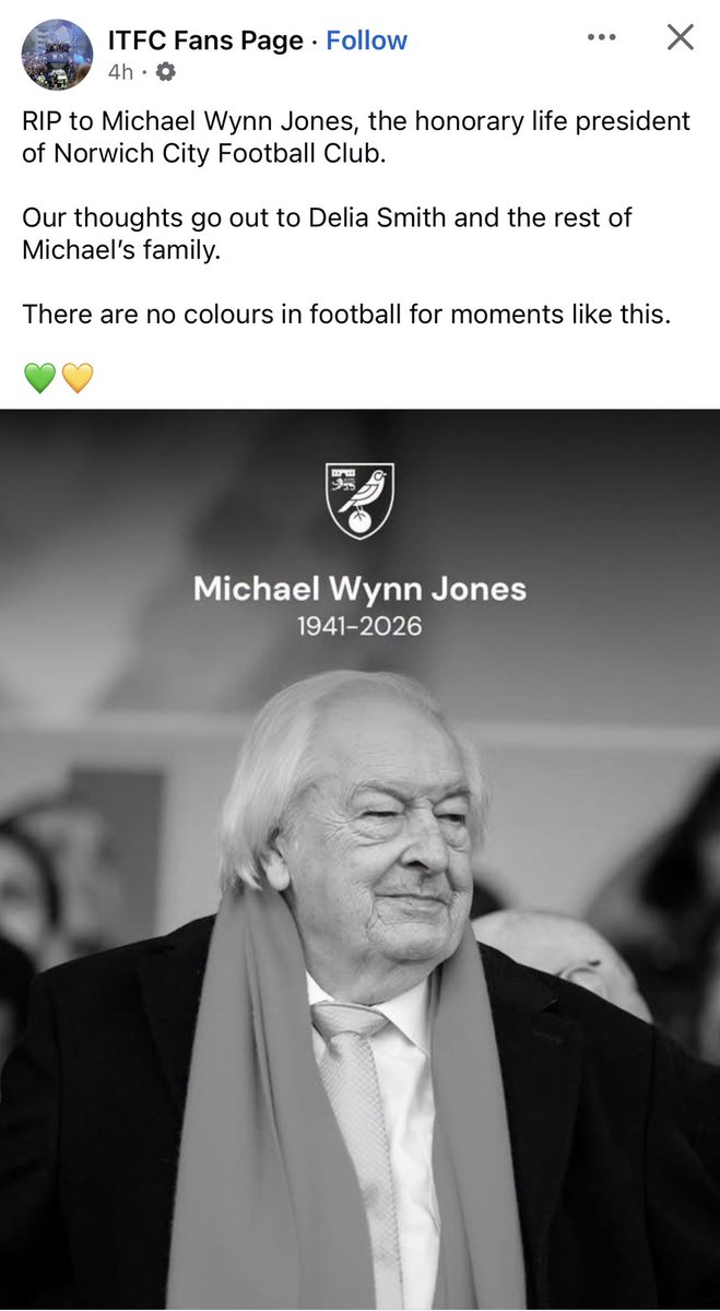 marcwebber's tweet photo. And this is why I love Norwich &amp; Ipswich fans.
This is just one of many lovely tributes on Ipswich Facebook pages for Norwich legend Michael Wynn Jones, who died today.
Underneath it are more kind replies saying the same.
Arch rivals still respect football people. #itfc #ncfc https://t.co/AiRjm67jB3