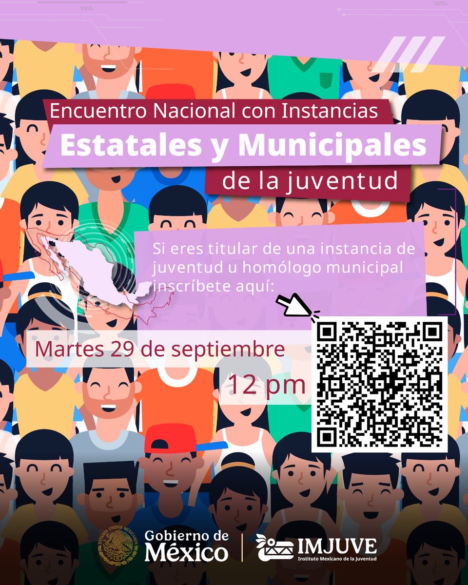 imjuvemx's tweet photo. Te invitamos a participar en el Encuentro virtual con instancias estatales y municipales de la juventud, un espacio de diálogo y coordinación para fortalecer el trabajo con jóvenes en todo el país 🇲🇽

Martes 29 de septiembre
12:00 pm https://t.co/pIoQ5mzC18