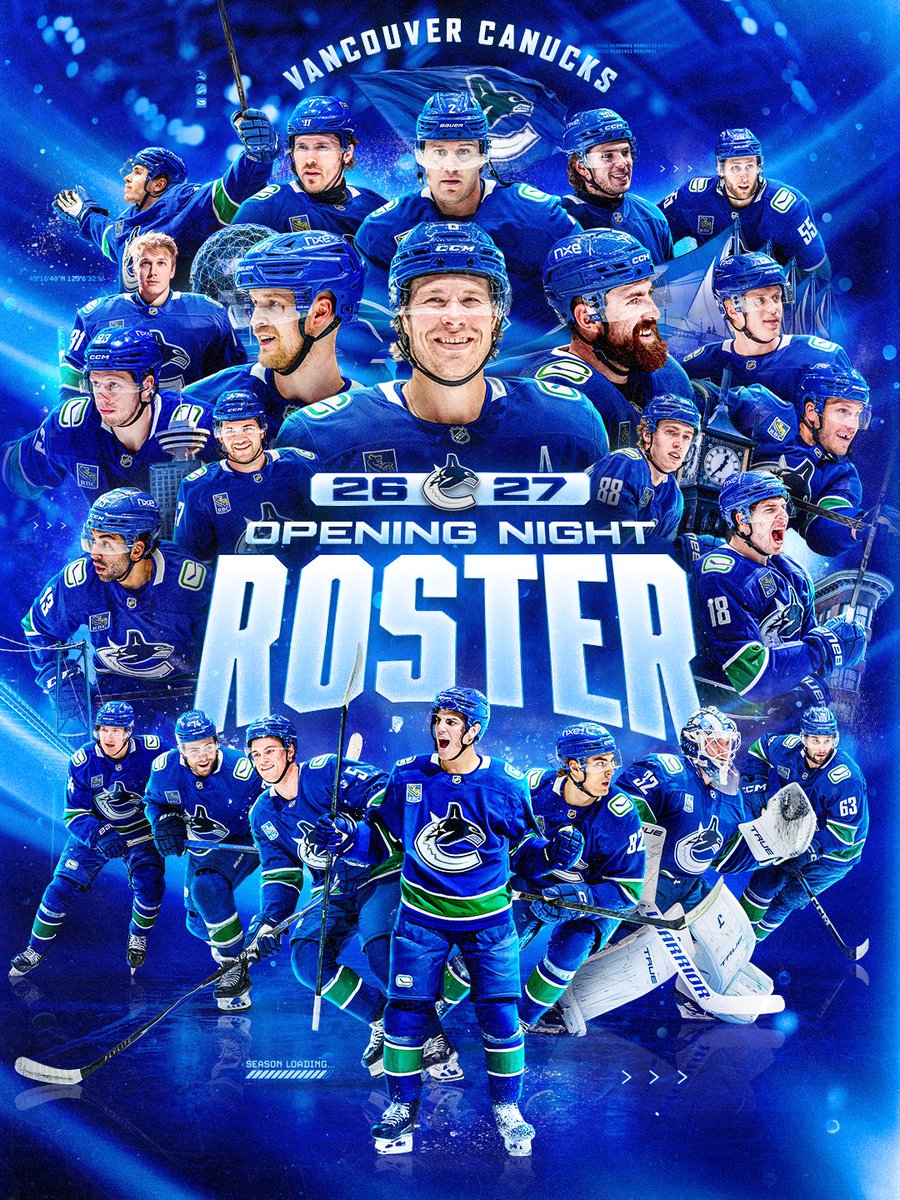 Canucks's tweet photo. Introducing our official Opening Night Roster for the 2026.27 season!

DETAILS | https://t.co/sQ5IFbaTaJ https://t.co/Bmp0d9P2u6