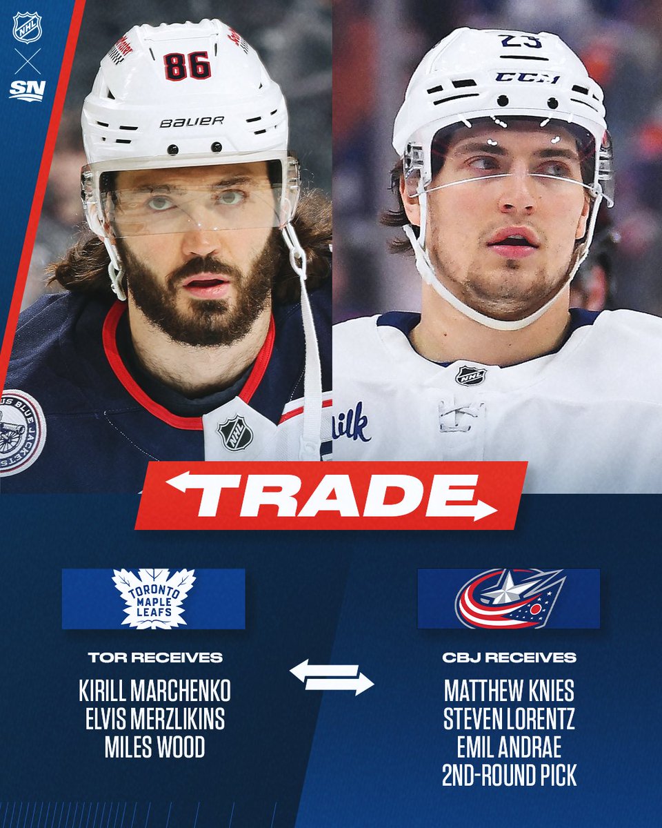 Sportsnet's tweet photo. The Maple Leafs are acquiring Kirill Marchenko from the Blue Jackets in exchange for a package headlined by Matthew Knies, per @FriedgeHNIC 🔄 https://t.co/zgmG9JatEt