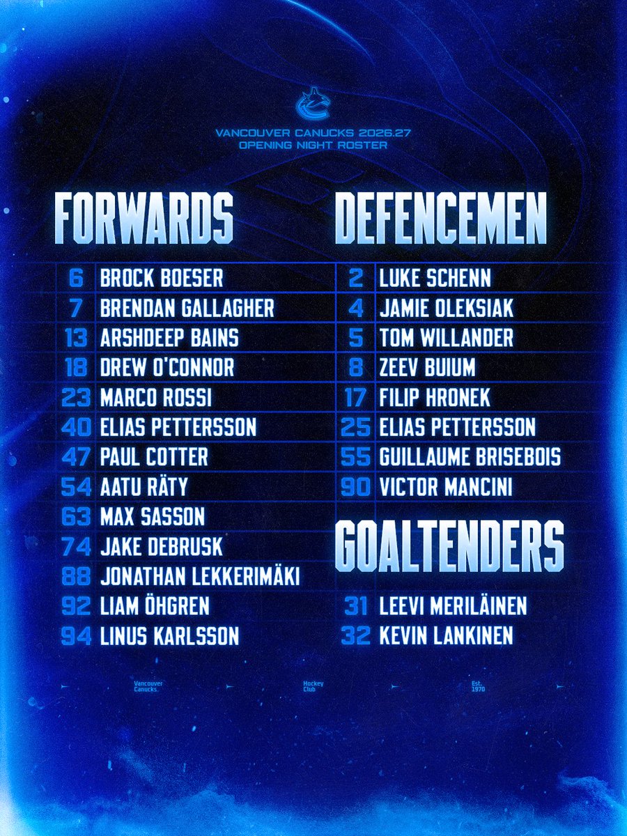 Canucks's tweet photo. Introducing our official Opening Night Roster for the 2026.27 season!

DETAILS | https://t.co/sQ5IFbaTaJ https://t.co/Bmp0d9P2u6