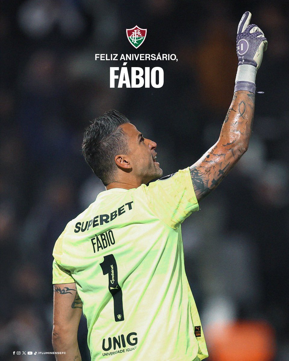 FluminenseFC's tweet photo. Um dos maiores da história do Fluminense, Fábio completa 46 anos nesta quarta-feira. 

Enquanto a idade pode representar um limite para muitos, ele segue fazendo dela apenas um número.

Aos 46, segue mostrando sua excelência em campo. Decisivo. Insuperável. Incansável. Desde 2022, escrevendo seu nome na história deste clube, afinal já são 313 jogos e muitos títulos. No futebol mundial, o jogador com mais partidas disputadas na história.

É uma honra desfrutar de todo o seu talento, ídolo. Obrigado por entregar tanto por essas cores. Feliz aniversário, Fábio 46 anos Deivson Lopes Maciel. ❤️💚