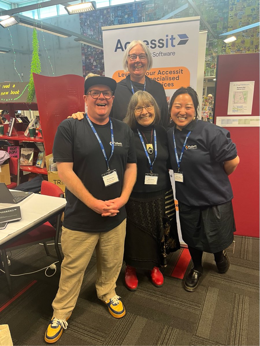 AccessitLib's tweet photo. We had a great start to the SLANZA Southern Hui yesterday ✨

Here are a few pics of the team enjoying the lovely library space at James Hargest College, plus one of the famous Southland cheese rolls 📚🧀

@Schoollibsnz https://t.co/JqId5F7aEF
