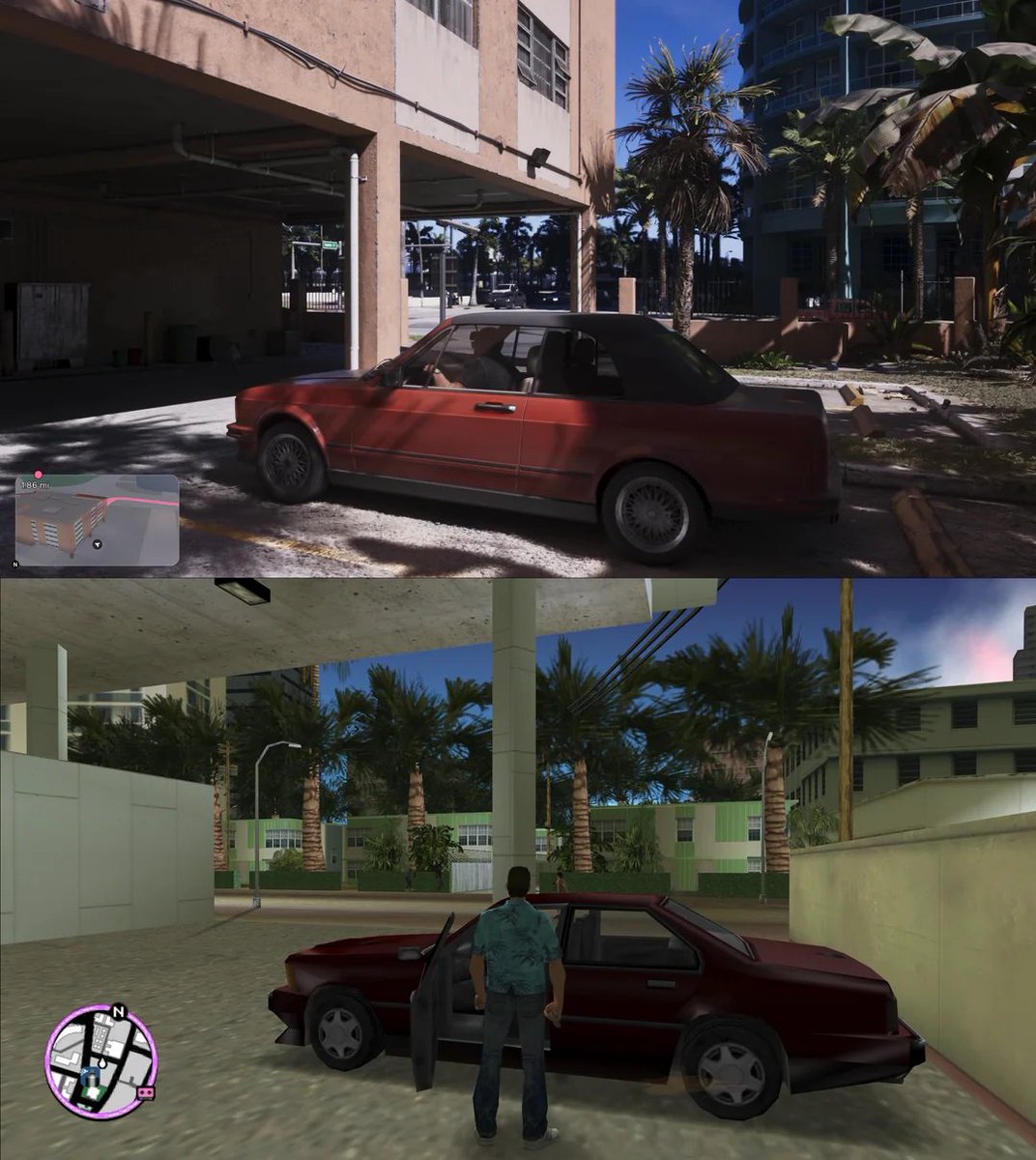 Urban_GTA_6's tweet photo. GTA Vice City (2002) vs. GTA 6 (2026). 💫

u/wasservilla https://t.co/k8o38PIPNN