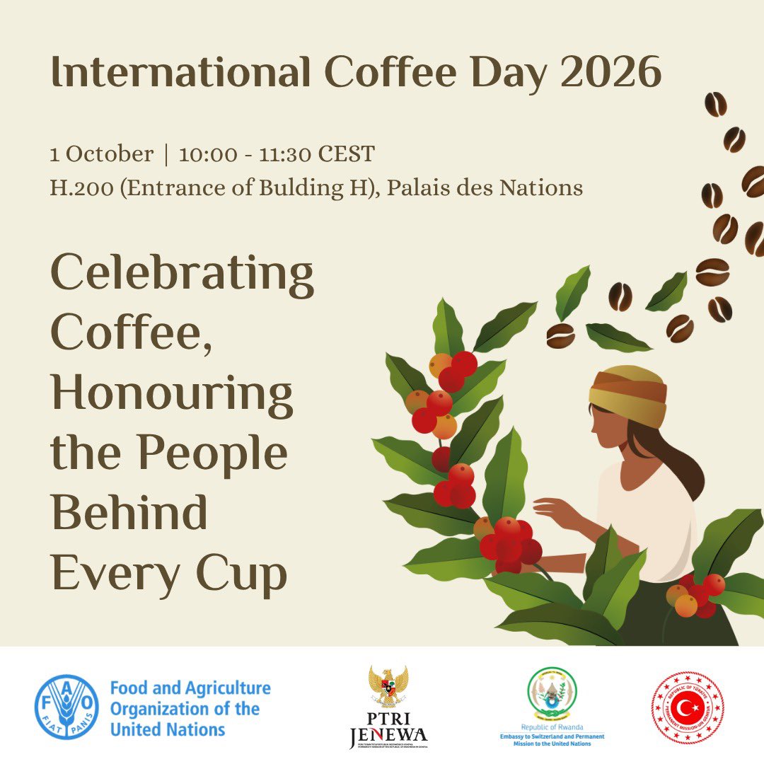 RwandaInGeneva's tweet photo. Great news for coffee enthusiasts in Geneva! ☕

For the first time, International Coffee Day will be celebrated on 1 October! 🎉

Rwanda 🇷🇼, together with @FAOGeneva, @IndonesiaGeneva 🇮🇩 and @TC_BMCenevreDT 🇹🇷, will co-host this inaugural celebration at the Palais des Nations.

Under the theme “Celebrating Coffee, Honouring the People Behind Every Cup,” expect inspiring conversations from across the coffee value chain, followed by coffee tasting and networking. ☕🌍

🔗 Register: https://t.co/qaYcLhPmdb