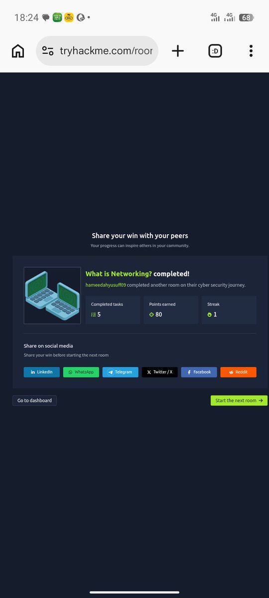 Hameedah_Y's tweet photo. Day 8/60
Today on @tryhackme I learnt:
 ✅ IP = a device's name, MAC = its fingerprint
 ✅TCP connects with a 3-way handshake: SYN, SYN-ACK, ACK
 ✅DNS turns website names into IPs (try dig
@the_cyberforge #60dayschallenge https://t.co/p8t8bS2alp