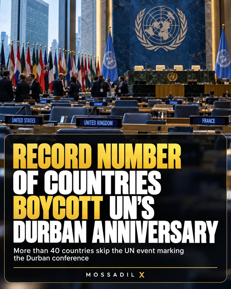 MOSSADil's tweet photo. 🚨 RECORD NUMBER OF COUNTRIES BOYCOTT UN’S DURBAN ANNIVERSARY

More than 40 countries boycotted the UN’s 25th-anniversary event for the 2001 Durban Conference — surpassing the previous record of 38 in 2021 after an Israeli diplomatic campaign urging governments to stay away.

Israeli UN Ambassador Danny Danon: “Twenty-five years later, the growing number of countries boycotting the event shows that many members of the international community understand where Durban went wrong.”

B’nai B’rith CEO Evan Bernstein said the boycott shows much of the world is “finally refusing to celebrate” Durban’s legacy.

@JNS_org