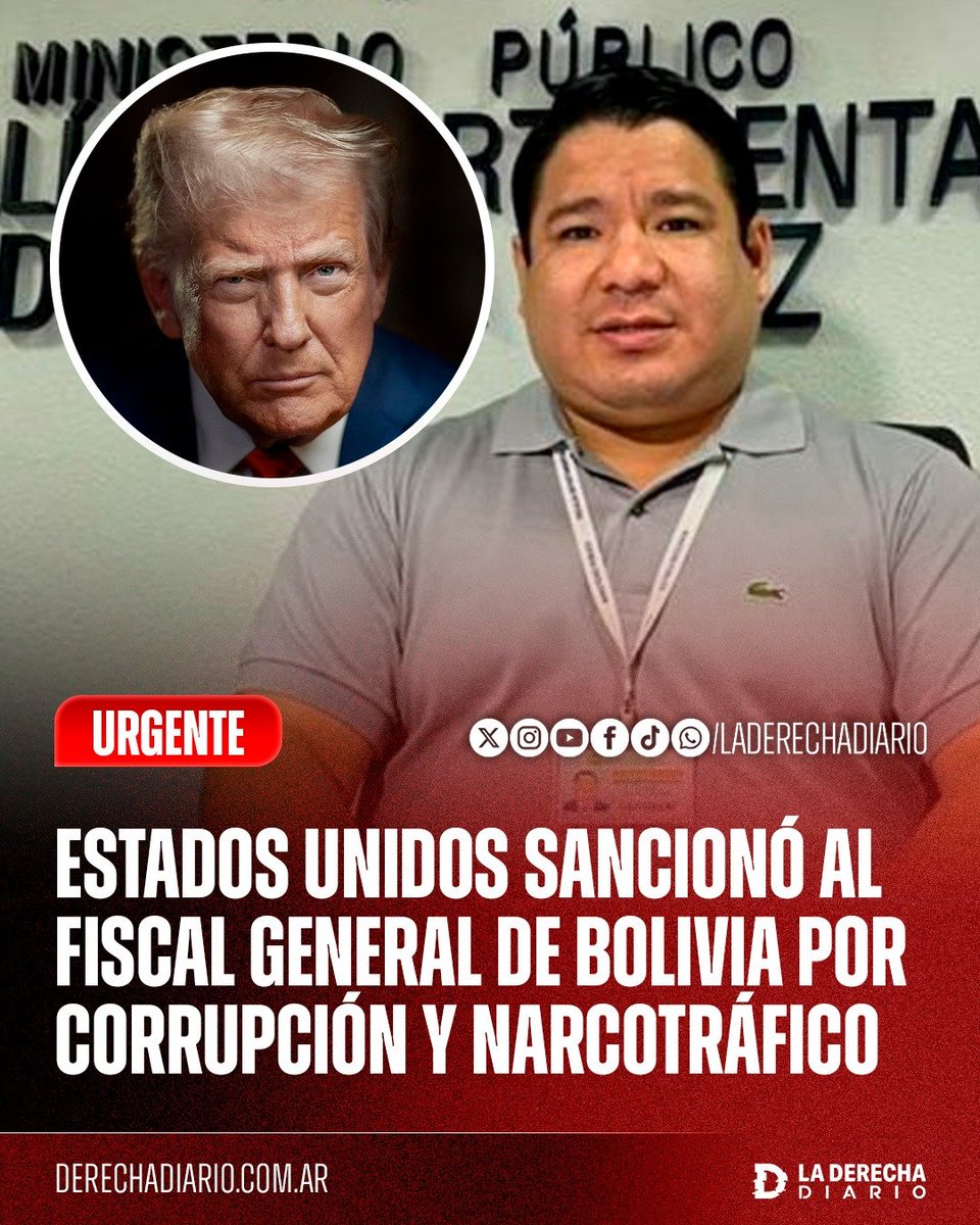 laderechadiario's tweet photo. 🚨🇺🇸🇧🇴 | EEUU SANCIONÓ AL FISCAL GENERAL DE BOLIVIA ACUSADO DE NARCOTRÁFICO: El Gobierno de Donald Trump prohibió el ingreso al país del fiscal designado por Arce y Evo Morales, Roger Mariaca, y de sus familiares inmediatos por acusaciones de corrupción significativa.

Washington acusa al fiscal —señalado anteriormente por sus vínculos con el evismo— de haber abusado de sus cargos públicos para solicitar y aceptar sobornos destinados a facilitar actividades vinculadas al narcotráfico y permitir que criminales violentos evadieran la Justicia.

El Departamento de Estado advirtió que sus acciones ponen en peligro los esfuerzos de Trump contra el narcoterrorismo y socavan las instituciones democráticas bolivianas.