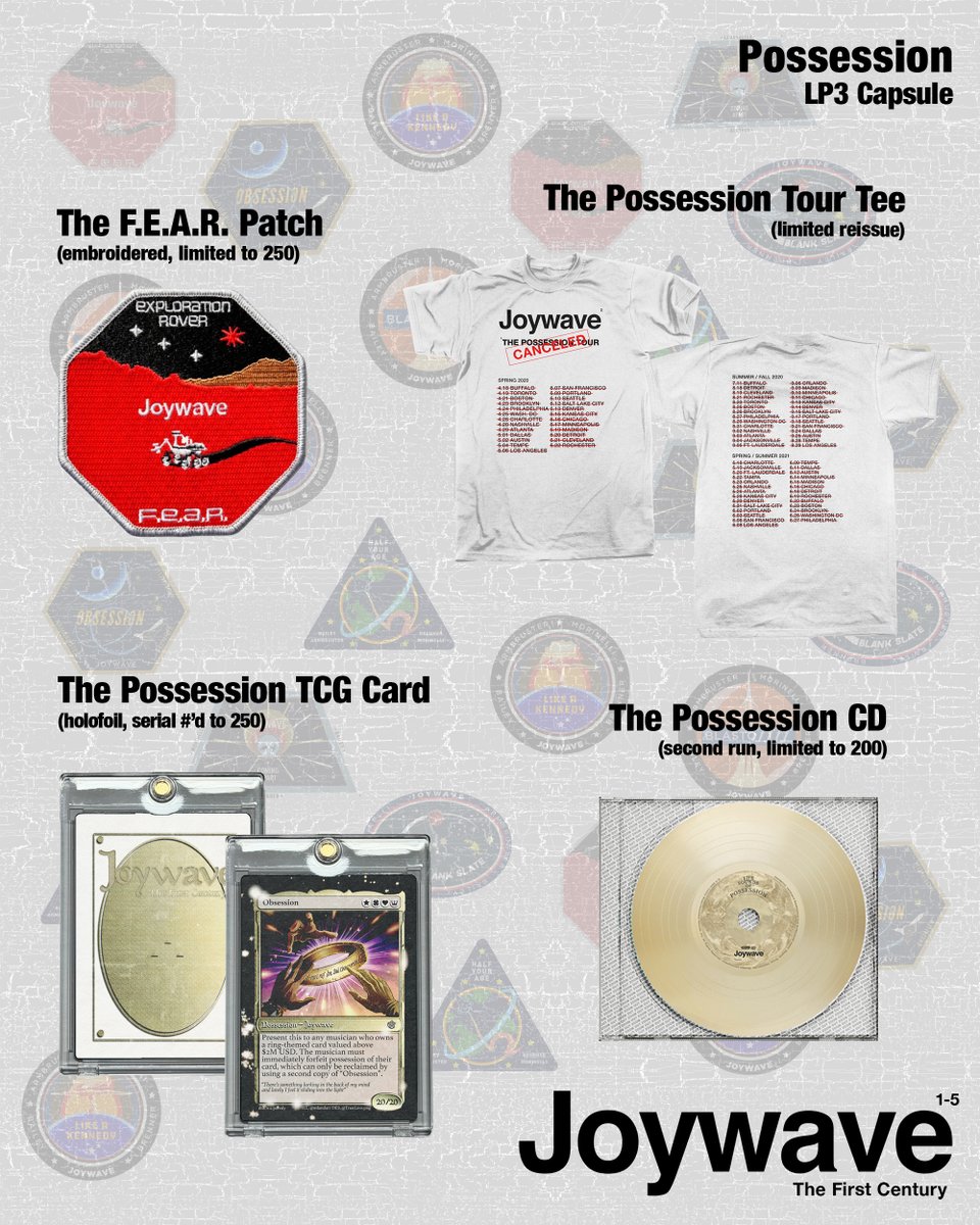 joywave's tweet photo. 🚨THE FIRST CENTURY CELEBRATION CONTINUES - WED, 12PM ET. Possession on CD!  A new 4” “F.E.A.R.” patch that expands  original mission patch series! An “Obsession” TCG card that @postmalone will fear! Limited reissue of the tour cancellation tee! All limited edition! Good luck!🚨 https://t.co/ktqgsz0QyN