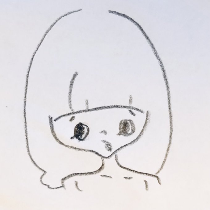 A simple pencil sketch of an anime-style character with a large round head, small body, and big expressive eyes, drawn in a cute chibi style.