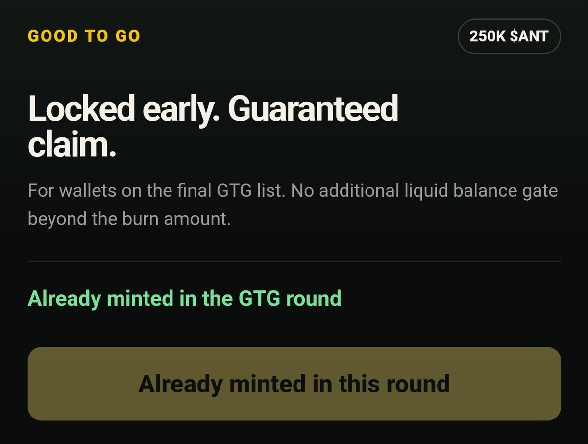 ElienMosk's tweet photo. 250,000 $ANT GTG / FCFS

400,000 $ANT Public

Atomic burn + mint
1 per wallet, per round

Public opens Sep 29 at 7:00 PM ET

https://t.co/UZWrrNG3NL https://t.co/CtsgEuVNpE
