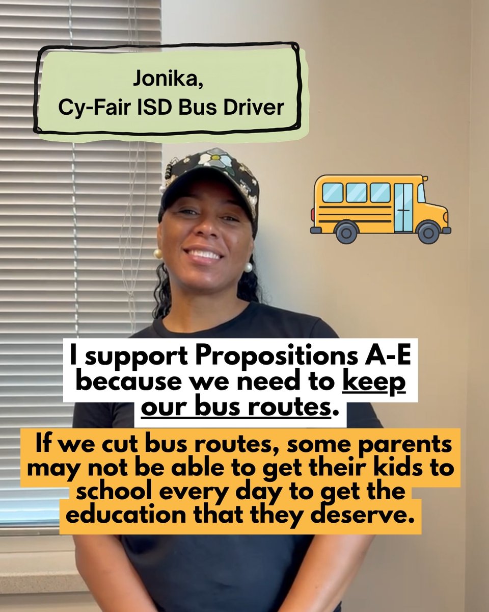 CyFairAFT's tweet photo. Vote YES on Propositions A, B, C, D, &amp; E on your November ballot to prevent dangerous cuts to Cy-Fair ISD's bus routes. For more info: https://t.co/rBKo1ya5bA https://t.co/Ggjn5QmUqw