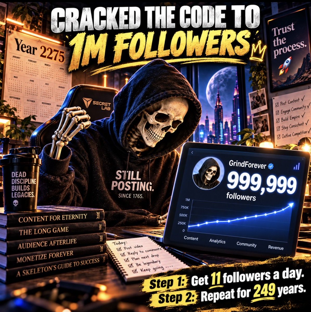 RobinWeinbach's tweet photo. I just cracked the code to getting             1 MILLION followers on X. (Not a joke)

The secret? Keep doing what works. Every. Single. Day. Everyone else got it wrong look here👇

I gained 11 followers today.

If I keep this up, I’ll hit 1 million in just 249 years.
See you at the top. 🚀😂😂😂