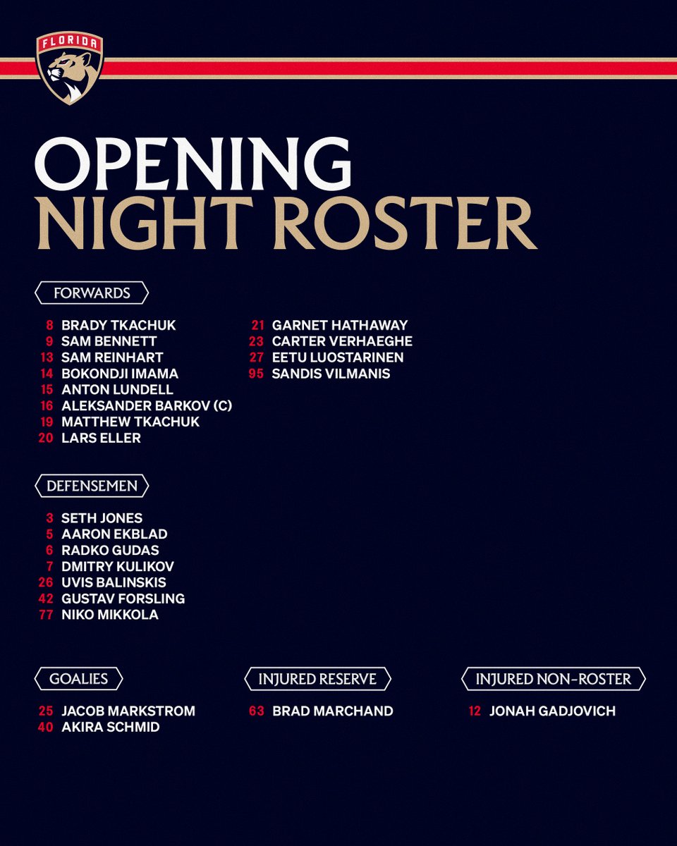 FlaPanthers's tweet photo. Our opening night roster is set.

📝 » https://t.co/1A2nX4Hgds https://t.co/YxUU9bAvIL