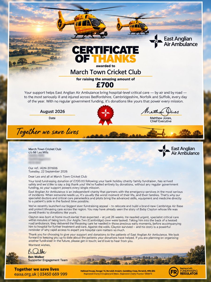 marchtowncc's tweet photo. Lovely to receive this letter and Certificate of Thanks from East Anglian Air Ambulance after raising £700! 💛🚁
Thank you to everyone who supported us! 🏏
@EastAngliAirAmb #MTCC https://t.co/5bVAKCbInm