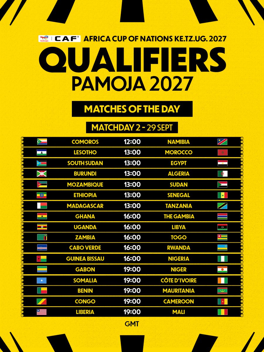CAF_Online's tweet photo. A packed day. 😮‍💨

Here's the match schedule for today in the #TotalEnergiesAFCON2027 Qualifiers. https://t.co/fvnaIQShvR