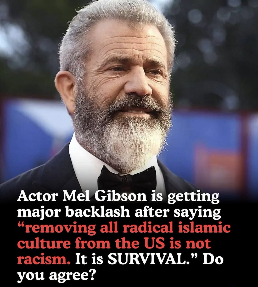 MelGibsonTeam's tweet photo. Mel Gibson:The part Hollywood is paid not to say. 
Radical Islamic culture is not a restaurant menu. It is a political project that treats women, Jews, and apostates as problems to be managed. Naming that is not a race theory. It is a country noticing what has already happened in Europe. The backlash is the proof that the press still thinks survival is a slur.

America First means we keep Sharia out of American law and we stop importing the ideology that produces it. Deport the ones who have no right to stay. Fight the networks that preach jihad, not the neighbor who just wants a job. A nation that will not name the threat will live under it That is the line.
Do you agree?
