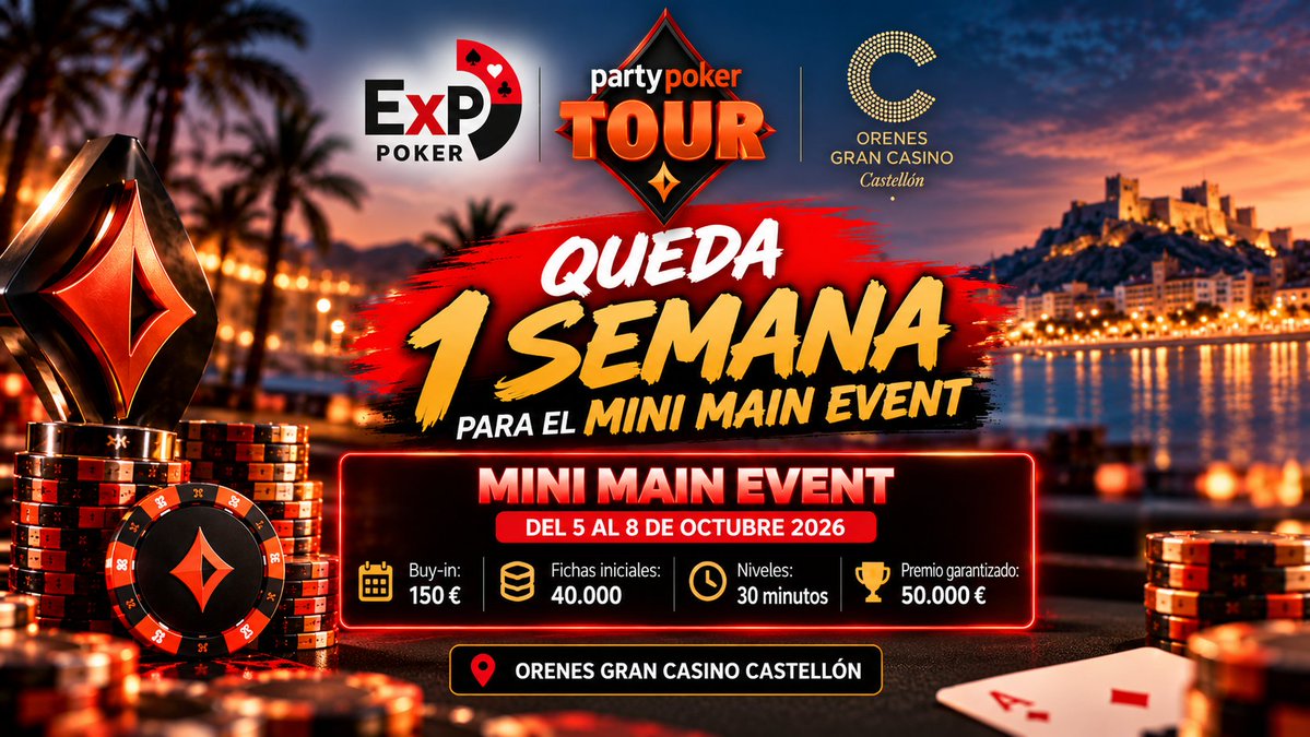 expepoker's tweet photo. 🎟️ ¡Queda 1 semana para el @PartyPokerTour del @CasinoCastellon !
🔥 Arrancará con el Mini Main Event y sorteamos 2 entradas para jugarlo.
♠️ + 1 entrada para el Main Event
❤️ Like + 💬 comentario = participación
👉 Bases: https://t.co/SvFTyGYgoP
#PartyPokerTour #ExperienciaPoker https://t.co/SpfN6Msp9C