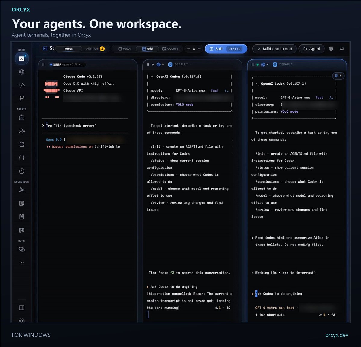 OrcyxLabs's tweet photo. One agent on a feature. Another on tests. You keeping the work in view.

Orcyx's split-pane terminals let you arrange coding-agent sessions around the task at hand.
https://t.co/W0tdQtut9z https://t.co/KOeOu48VID