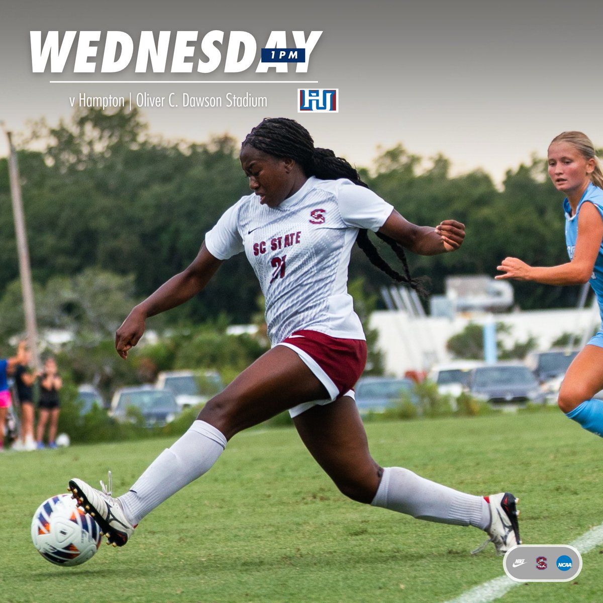 SCStateWSOC's tweet photo. 🏠 Back home this Wednesday at 1PM ⚽️
SC State vs. Hampton
🖥️ https://t.co/lMJ7GMNrrK
📊 https://t.co/pds05TPS2F
#makeaSTATEment🐾 | @SCStateAthletic https://t.co/9I8rMzlkLg
