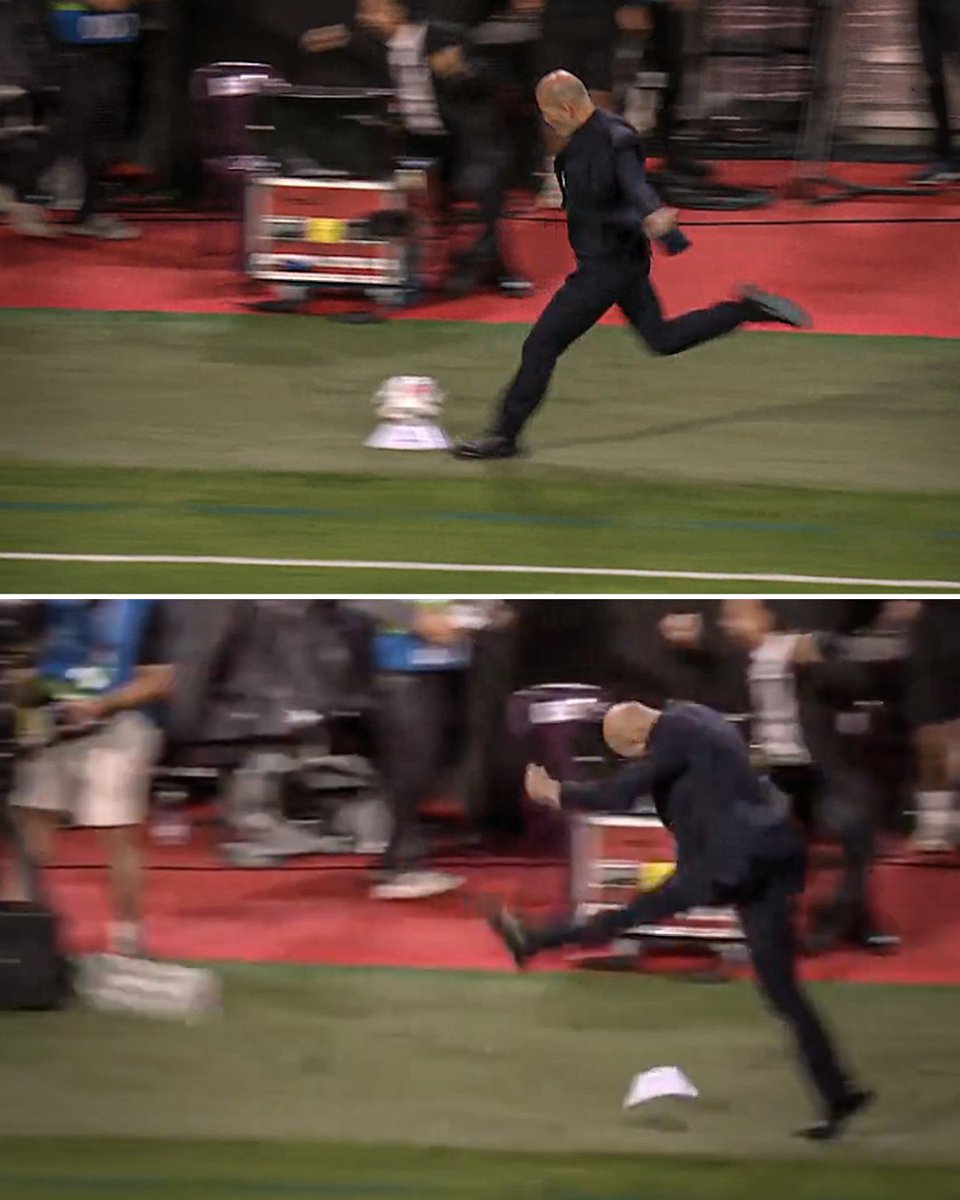 ESPNFC's tweet photo. New French manager Zinedine Zidane absolutely SENT the ball after Michael Olise won the game in the 88th minute 😭🔥 https://t.co/ol0yD3EtZg
