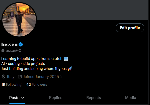 lussen00's tweet photo. Hey @X 
42 followers 👀

Trying to get to 50 — only 8 more!

If you’re building apps, coding, working on side projects or just learning like me, let’s #connect  🤝

Drop your @ below and I’ll check out what you’re building 🚀 https://t.co/iURDIC3cgR