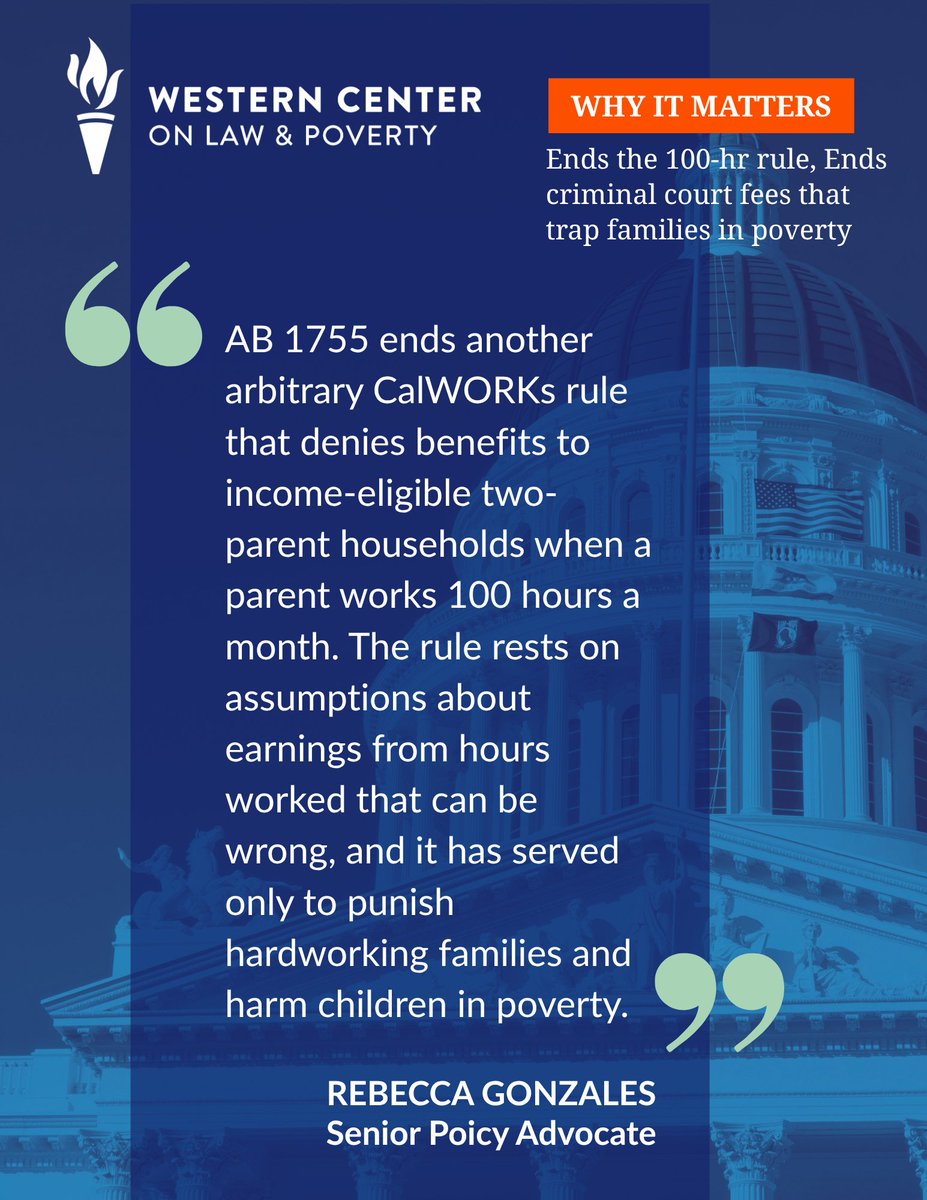Western_Center's tweet photo. Parents shouldn’t lose support for working more. AB 1755 is now law, ending California’s “100-hour rule.” Starting in 2027, CalWORKs eligibility will reflect what a family earns—not hours worked. Proud to co-sponsor this win. #AB1755 #CalWORKs https://t.co/Ow3zpNqpnF