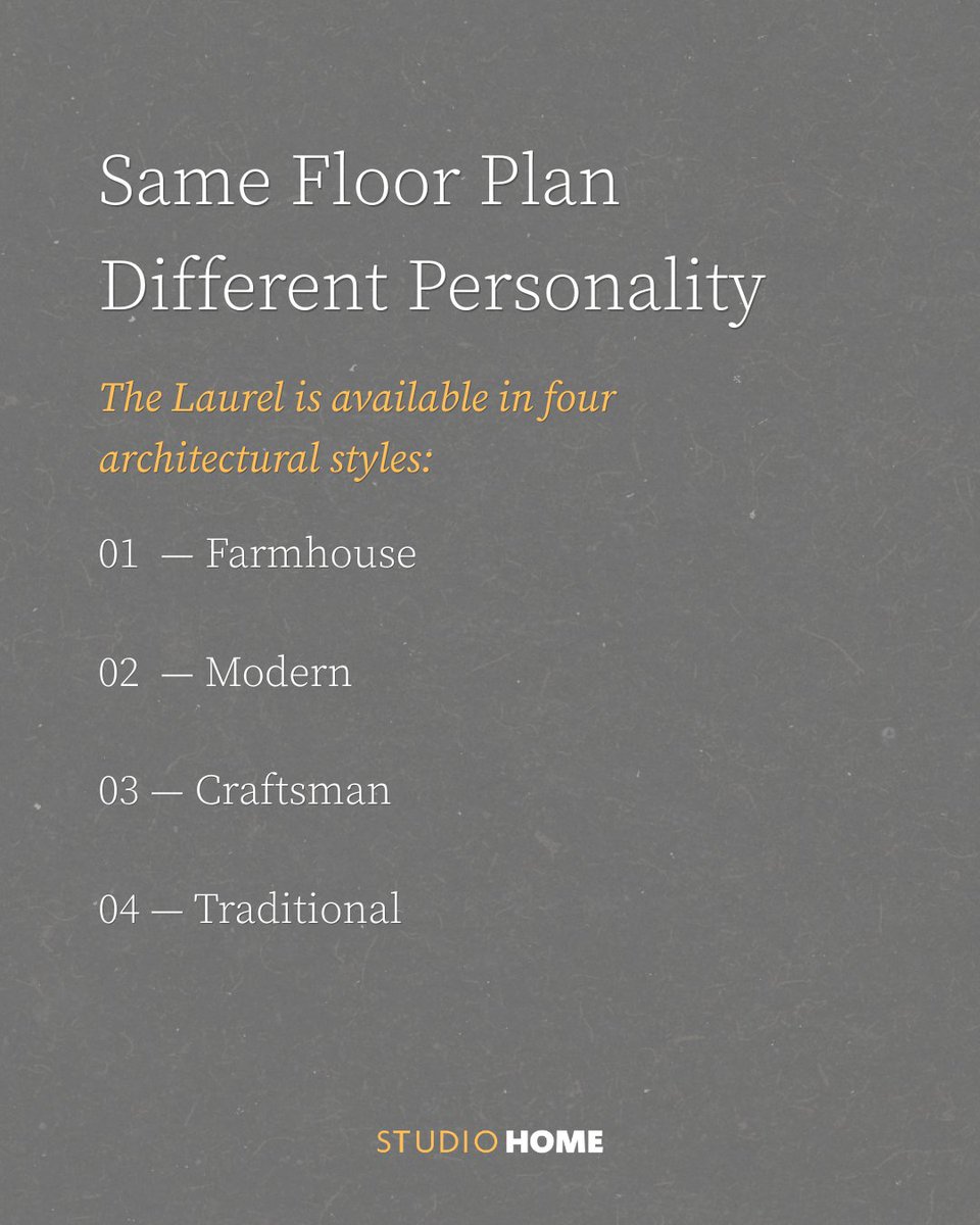 StudioHomeCo's tweet photo. One model. Four distinct styles.

The Laurel offers the same thoughtfully designed floor plan with four architectural personalities: Farmhouse, Modern, Craftsman, and Traditional.

Which one feels most like you? https://t.co/Ox04W4NrNY