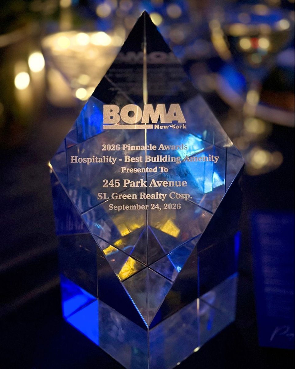 SLGreen's tweet photo. 🏆 Two wins last week: One Vanderbilt earned BOMA's Earth Award for sustainability leadership, and 245 Park Avenue took home the inaugural Pinnacle Award for Best Building Amenity (Club 245). Congrats to our teams! #SLGreen #BOMA https://t.co/NvNGSD6IdB