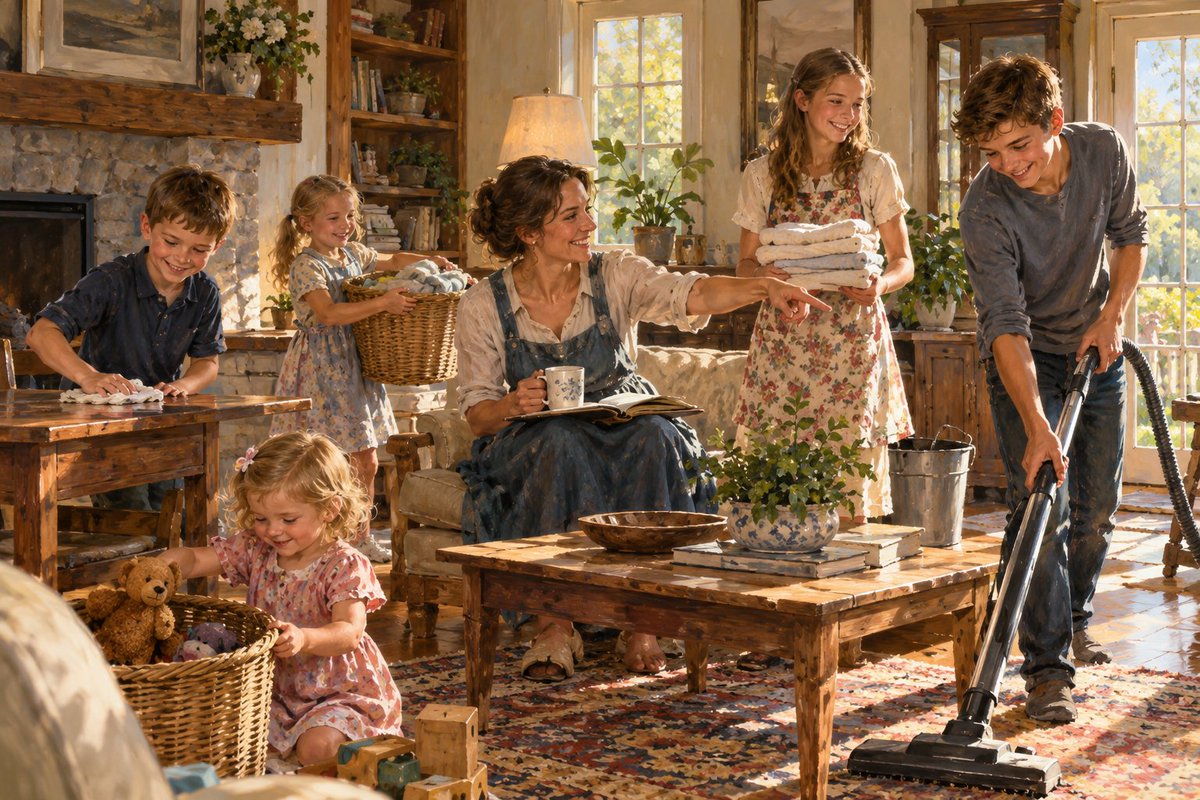 NoahRevoy's tweet photo. Mothers: Stop Carrying the Domestic Load Alone

Ladies, you need to stop carrying the entire domestic load alone.

That is one of the things you have children for.

Children can be taught to contribute to the household from a surprisingly young age. As they grow, their responsibilities should grow with them. If you teach them properly, much of the routine domestic work can gradually be transferred to them, leaving you primarily responsible for supervision, organization, and the work that genuinely requires an adult.

The exact age will depend on the child, but a rough guide looks something like this:

Ages 2–3

Put toys away
Put dirty clothes in the hamper
Carry unbreakable dishes to the table
Wipe small spills
Help put groceries away
Match socks

Ages 4–5

Make their bed
Set and clear the table
Feed pets
Water plants
Help sort laundry
Dust low surfaces
Help prepare simple foods
Put their own clothes away

Ages 6–8

Sweep floors
Vacuum simple areas
Fold laundry
Empty small trash cans
Load and unload parts of the dishwasher
Prepare simple breakfasts and snacks
Help wash dishes
Keep their bedroom reasonably clean
Help with basic yard work

Ages 9–11

Do complete loads of laundry
Load and unload the dishwasher
Clean bathrooms
Vacuum and mop
Take out the trash
Prepare simple meals
Change bed linens
Help care for younger siblings
Perform more substantial yard work
Help with grocery lists and putting food away

Ages 12–14

Cook complete basic meals
Handle their own laundry from beginning to end
Clean the kitchen
Clean bathrooms thoroughly
Mop and vacuum the house
Do routine lawn and garden work
Babysit younger siblings for reasonable periods
Help plan meals  
Help with household organization and errands

Ages 15–17

Prepare family meals
Handle most routine household cleaning
Do grocery shopping when practical
Manage their own clothing and belongings completely
Perform substantial yard and maintenance work
Care for younger siblings independently for appropriate periods
Help manage household schedules and recurring tasks
Learn basic repairs and maintenance
Take responsibility for entire areas of the household

By the time your children are teenagers, they should not merely be “helping Mom.” They should be competent members of the household who know how to see what needs doing and do it.

The goal is not merely to reduce your workload.

You are training future adults to run homes of their own.