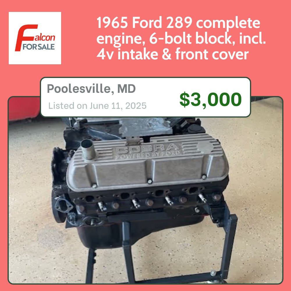 falconforsale's tweet photo. 1965 Ford 289 complete engine, 6-bolt block, incl. 4v intake &amp; front cover in Poolesville, MD
https://t.co/MKSm45i2Fk

#fordfalcon #falconforsale https://t.co/FUeq3SI5FB