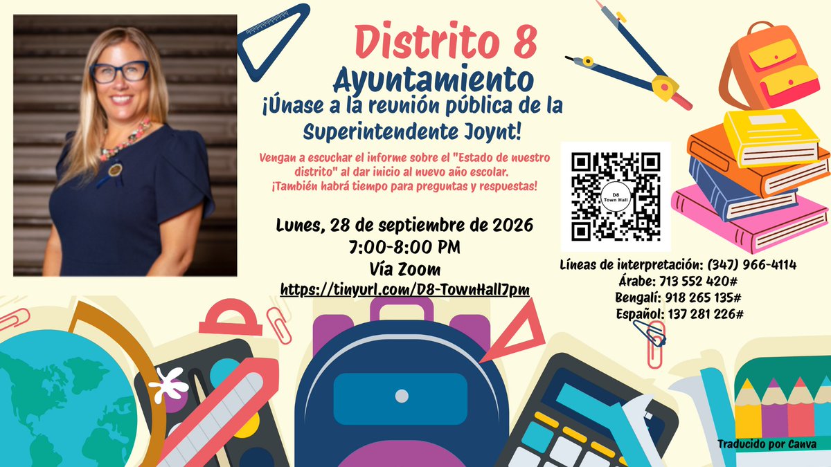D8Connect's tweet photo. 📣 ¡Familias del D8, acompáñennos al Town Hall con la Superintendente Jennifer Joynt! 📷 7–8 PM 📷 Zoom: Escuchen el “Estado de Nuestro Distrito” y traigan sus preguntas. ¡Habrá preguntas y respuestas! 📷 🌟 https://t.co/RfIIJom1iN