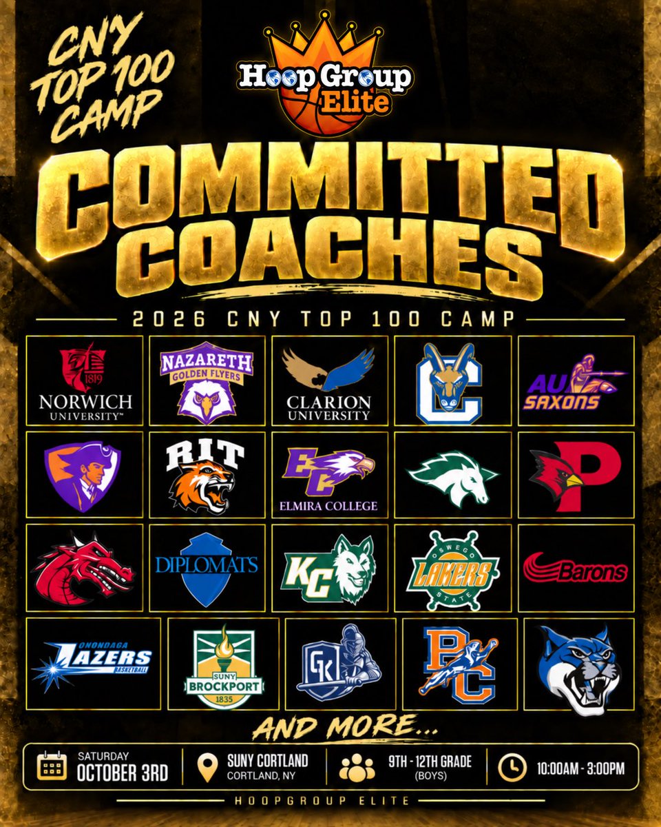 HoopGroupEamonn's tweet photo. 🏀 ⛹️‍♂️ @TheHoopGroup CNY Top 100 is THIS WEEKEND! 

🗓️ Saturday, October 3rd
📍 SUNY Cortland (Corey Gymnasium) 
⏰ 10am till 3pm 
🤞 9th grade through seniors https://t.co/TbBvaMNror