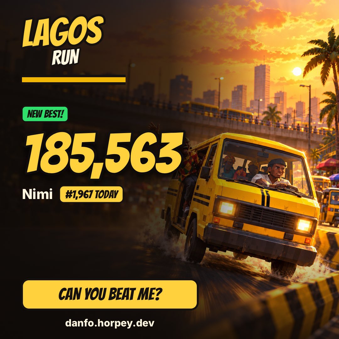 ebinimiaa's tweet photo. I scored 185,563 driving danfo in Lagos Run. I'm #1,967 today. Can you beat me? https://t.co/aguOuYRoBH #LagosRun @eureka_seamless https://t.co/iknhqBCmlC