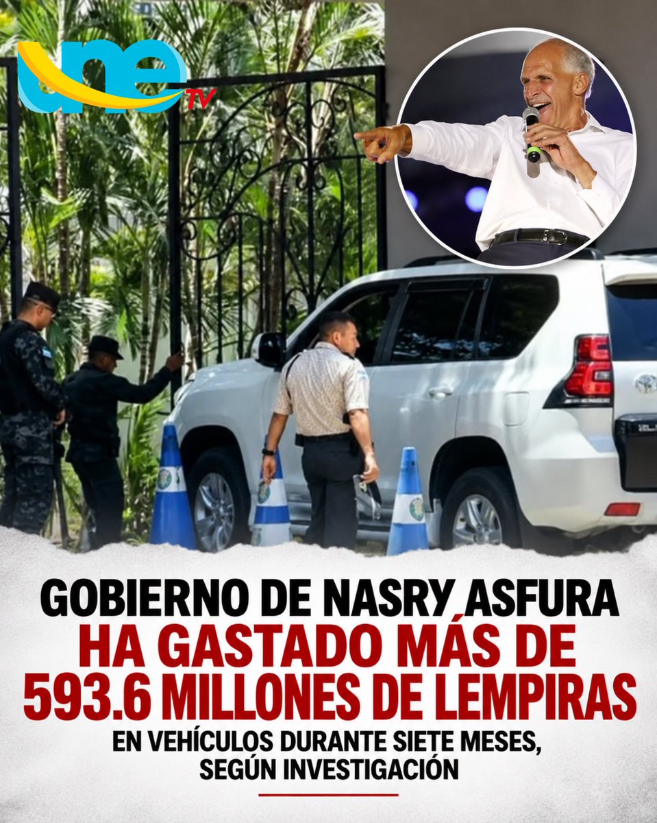 unetv_hn's tweet photo. #Nacional | El Gobierno de Nasry Asfura habría destinado más de 593.6 millones de lempiras a la compra y alquiler de vehículos entre febrero y agosto de 2026, según una investigación de un medio nacional. Del total, 558.9 millones de lempiras corresponderían a alquileres y 34.7 millones a la compra de 38 vehículos.