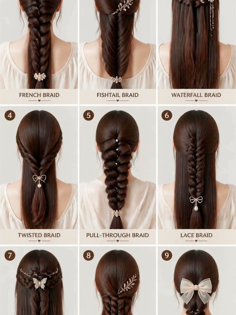 KristinMccik's tweet photo. Which braid is your favorite? Comment 1–9 below and save this for your next event. Bridal, party, and everyday hairstyles in one place. Bookings open in Karachi. https://t.co/vD6ZCKHgjz