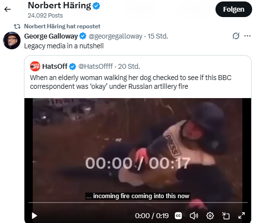 WagenWatch's tweet photo. Norbert Häring (BSW-Grundwertekommission) tut, was man als BSWler eben so tut: Niederträchtige  🇷🇺-Propaganda verbreiten. Ich habe den BBC-Bericht rausgesucht, aus dem der Clip stammt: https://t.co/TIcrkmSulG
Spoiler fürs BSW: Nein, Russlands Krieg ist weder fake noch harmlos. https://t.co/LqREZyafQr