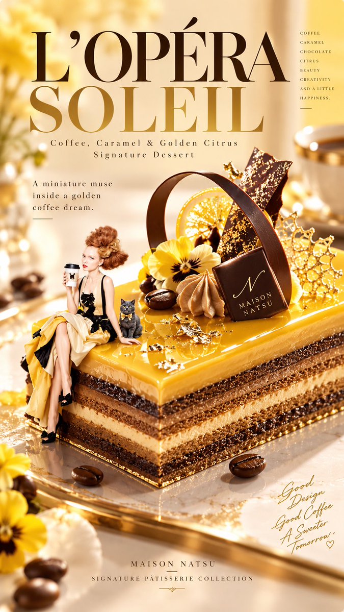 coffeetime2022's tweet photo. 9/29は #洋菓子の日 🍰
もし、あなたという人を
ひとつの洋菓子で表現したら？
性格や好きなもの、発信している世界観からAIがあなたを象徴する洋菓子を選んで
世界にひとつだけの高級パティスリー広告にしてくれます🫶
ちなみに私は
☕️コーヒー × キャラメル × ゴールデンシトラスの
「L’OPÉRA SOLEIL」でした💛
しかも本人はちっちゃなミニチュアミューズに😂
あなたは何のお菓子になると思う？🍰
ChatGPTに好きな写真やXプロフを
添付して遊んでね🙋‍♀️✨