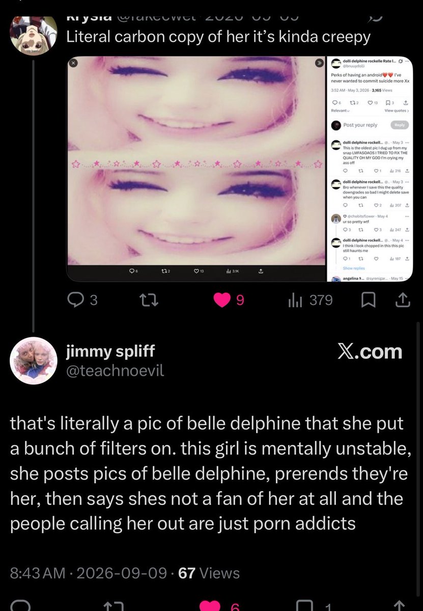 withertinylace's tweet photo. @bnuuydolli im fr laughing at your whole twitter tangent just because someone exposed you tryna face claim a pic of belle delphine in a tt comment section🫩how r u saying this pic is u when u were 14 and ur bmi 10… right.. https://t.co/nMWVbHzQba