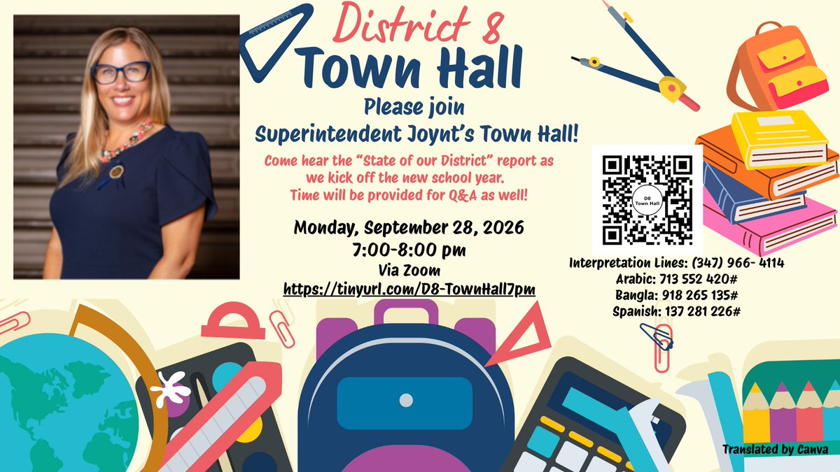 D8Connect's tweet photo. 📣 D8 Families, join Superintendent Jennifer Joynt for our Town Hall! 📷 7–8 PM 📷 Zoom: Hear the “State of Our District” report and bring your questions! Q&amp;A included. Interpretation available in Arabic, Bangla &amp; Spanish. #District8 https://t.co/YTlnYNOJDB