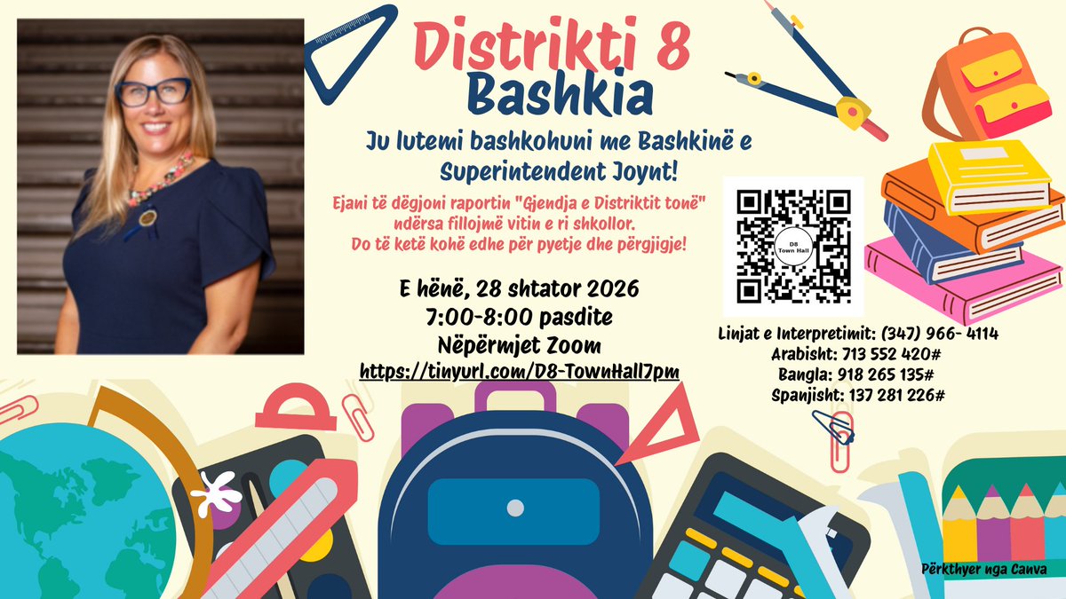 D8Connect's tweet photo. 📣 D8 Families, join Superintendent Jennifer Joynt for our Town Hall! 📷 7–8 PM 📷 Zoom: Hear the “State of Our District” report and bring your questions! Q&amp;A included. Interpretation available in Arabic, Bangla &amp; Spanish. #District8 https://t.co/YTlnYNOJDB