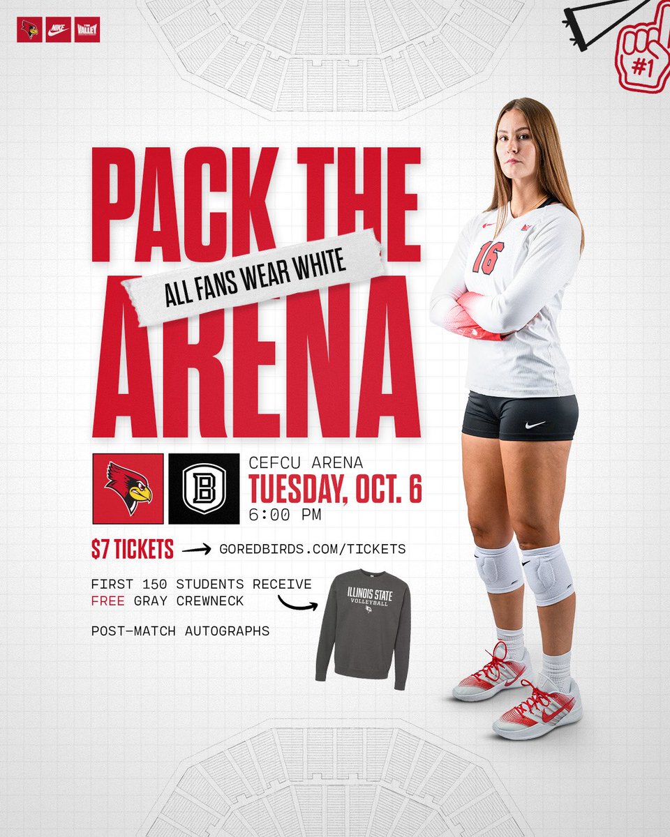 RedbirdVB's tweet photo. PACK THE ARENA🤩

The first 150 students to show up to our match against Bradley on October 6th will get this gray crewneck‼️ https://t.co/J1mDunVYf2