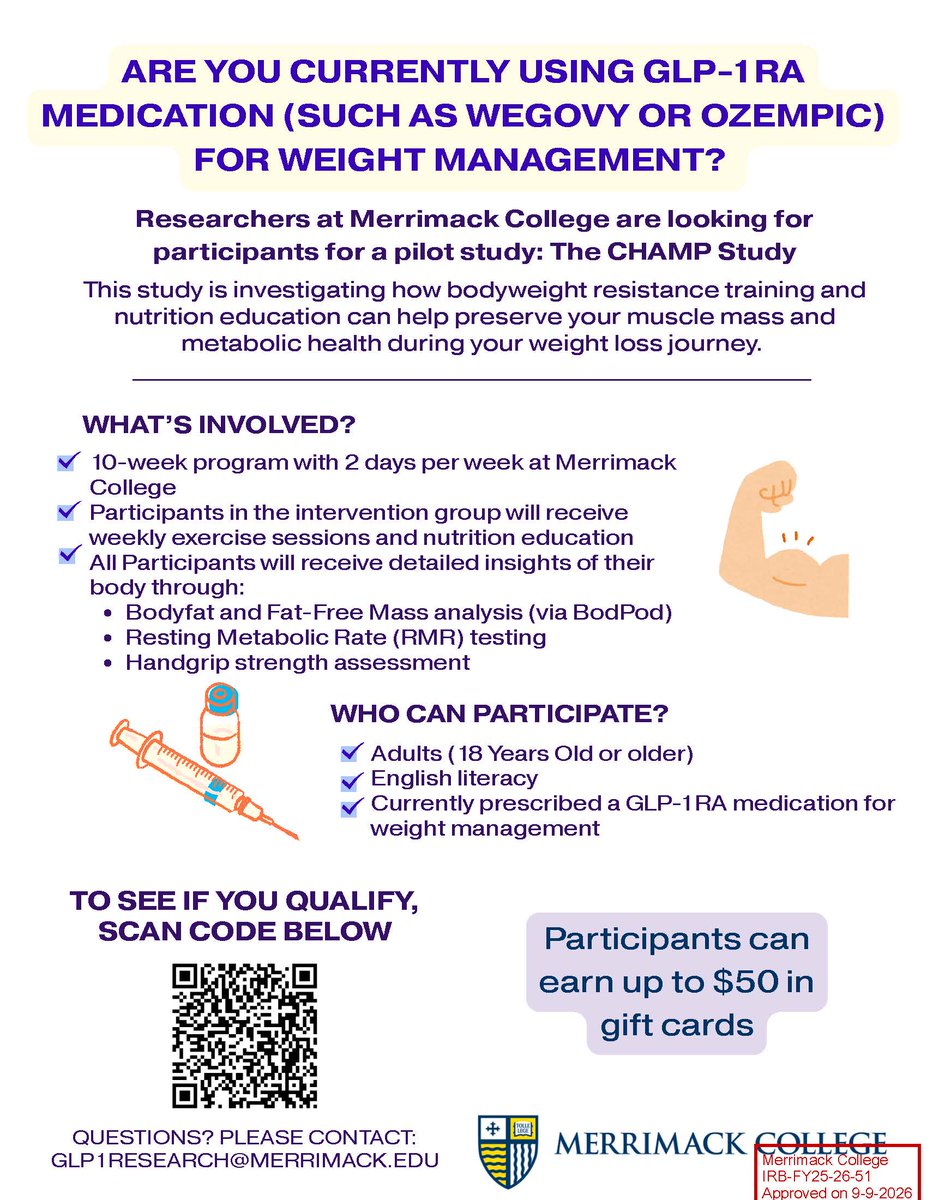 CorcoranMP's tweet photo. We  are recruiting adults who are currently prescribed a GLP 1RA medication for weight management to participate in a pilot study. The 10 week study will examine how resistance training and nutrition education  help preserve FFM and metabolic health during weight loss. https://t.co/LtY26QBkKR