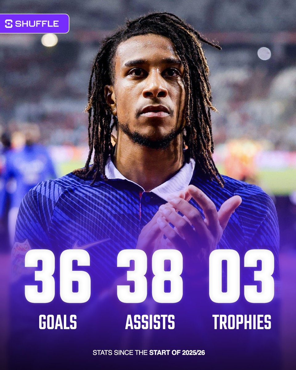 ShuffleFC's tweet photo. 🚨🚨| CRAZY: Michael Olise is NOT mentioned for the Ballon d'Or despite these numbers since the start of 2025/26 until today:

🌟 74 G/A
⚽️ 36 goals
🅰️ 38 assists
🏆 3 trophies

He also achieved these numbers with ZERO penalties. 😳🇫🇷 https://t.co/fC50kXs73H